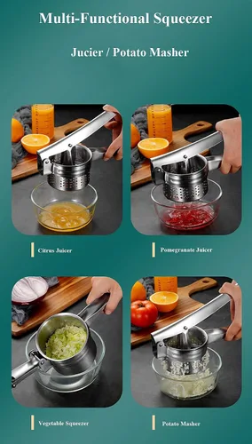 Vista 4 de Exprimidor de verduras de acero inoxidable, exprimidor de agua vegetal de metal con mango de silicona roja para exprimir líquido vegetal