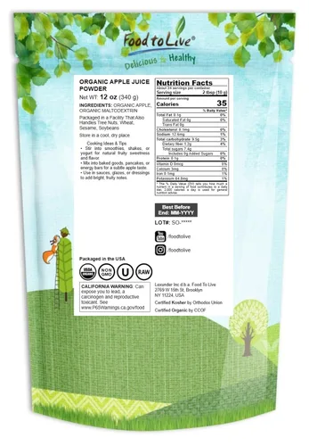 Vista 2 de Food to Live Jugo de manzana orgánico en polvo, 12 onzas, sin OMG, sin sulfuro, crudo, vegano, a granel, ideal para jugos, batidos, yogures