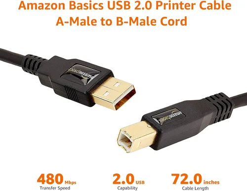 Vista 6 de Amazon Basics Cable USB-A a USB-B 2.0 para impresora o disco duro externo, compatible con computadora, conectores chapados en oro, negro, 1,8 m