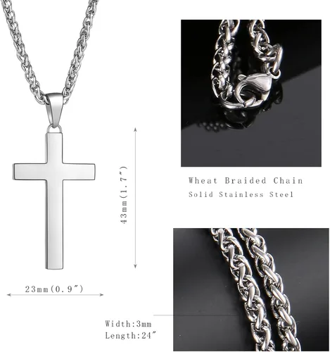 Vista 6 de P. BLAKE Collar con colgante de cruz de acero inoxidable para hombres y niños, colgante de cruz cristiana con cadena de 24 pulgadas
