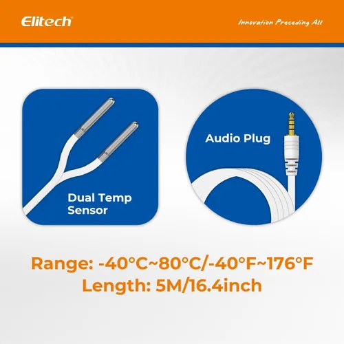 Vista 3 de Elitech Sonda de temperatura dual para RCW-360Pro, -40°F a 176°F, sensor digital de detección automática de cable de 16.4 pies con certificado