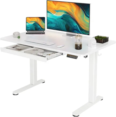 Vista 14 de YDN Escritorio de pie con cajón de 48 x 24 pulgadas eléctrico de altura ajustable negro Steel frame supports 176 lbs, 28.3 to 46.5 inch height