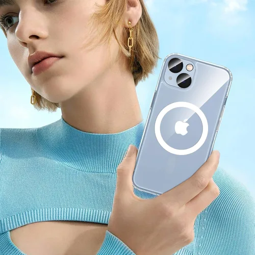 Vista 6 de VEGO Funda para iPhone 13 y iPhone 14, con imanes integrados, parte trasera de policarbonato duro transparente + funda delgada de TPU suave