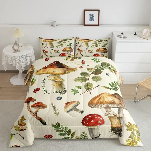 Vista 2 de Feelyou Lindo juego de ropa de cama de hongos kawaii tamaño individual para niños y niñas, decoración de hongos salvajes, juego de edredón