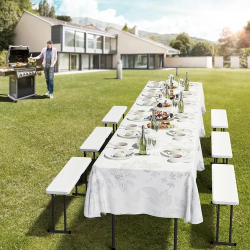Vista 7 de VINGLI Juego de mesa de picnic con 2 bancos, juego de sillas de mesa de campamento de 6 pies, material HDPE resistente con marco de metal, muebles