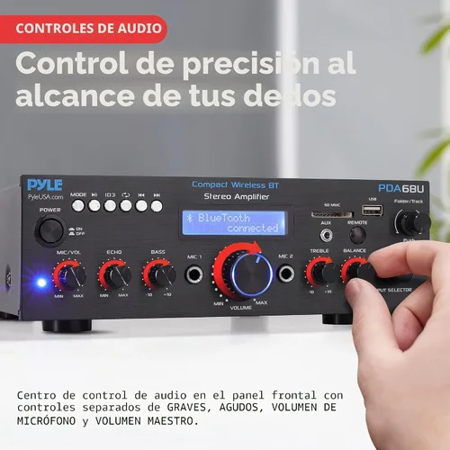 Vista 3 de Pyle PDA6BU.7 - Amplificador de potencia Bluetooth - Receptor estéreo de doble canal de 200 W con karaoke fácil - Micrófono con Echo, reproductor
