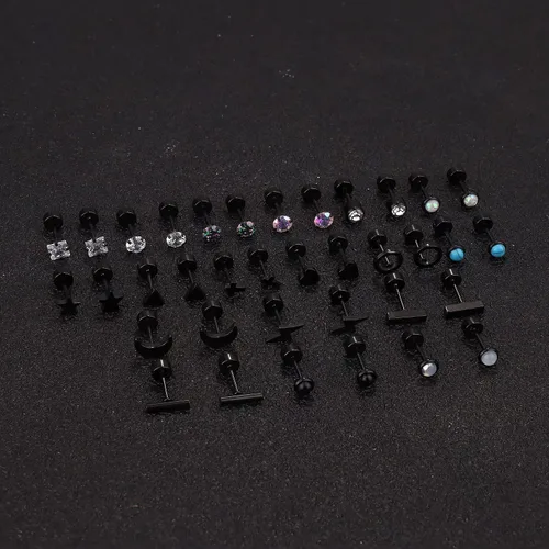 Vista 3 de TEN MIRO Juego de 18 pares de aretes pequeños para cartílago para mujeres y hombres, acero inoxidable 316L, 20G, cartílago, hélix, luna, estrella