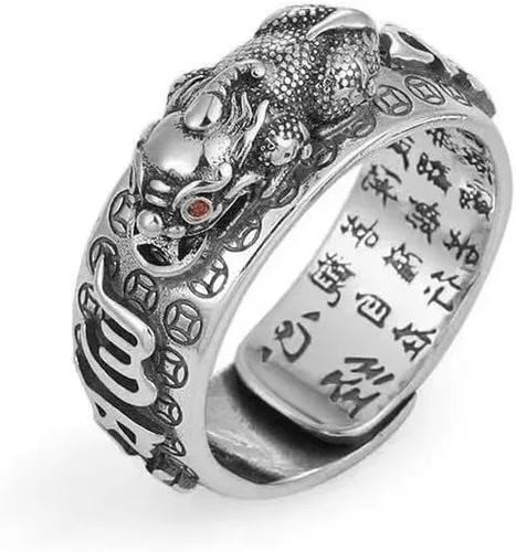Vista 4 de Anillo vintage de plata Feng Shui Pixiu para mujeres y hombres, grabado textos budistas, alivio máximo, sapo dragón, Pixiu, camafeo, riqueza, buena