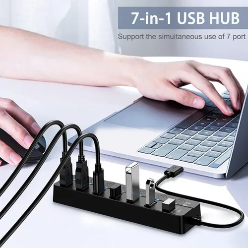Vista 2 de Hub USB 3.0, divisor de concentrador USB de 7 puertos con interruptores individuales de encendido/apagado y luces compatibles con MacBook, laptop