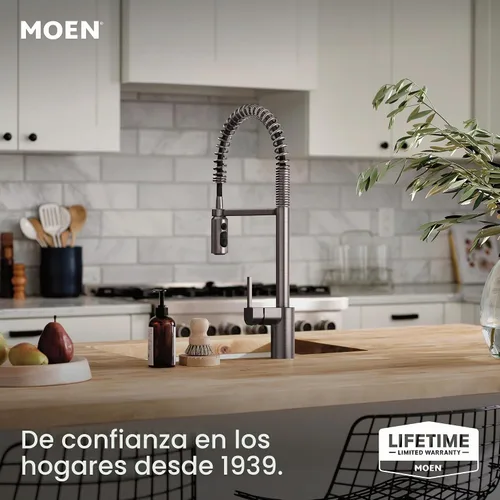 Vista 2 de Moen Align 5923BLS Grifo de cocina desplegable con resorte de una sola manija de acero inoxidable con aerosol desplegable y Power Boost, grifo
