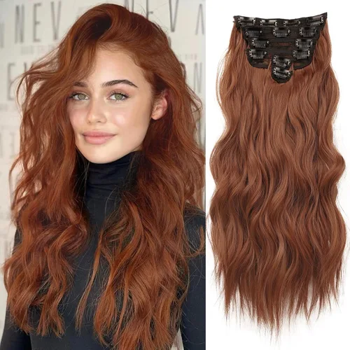 Vista 41 de NAYOO - Extensiones de cabello con clip, extensiones sintéticas onduladas de 20 pulgadas, 6 unidades Wavy Curly Hair, Full Head Coverage, Heat