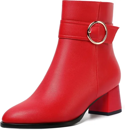 Vista 19 de MERRORI Botas altas de tacón bajo mate mate con cremallera y punta redonda para mujer, 2 pulgadas Beige