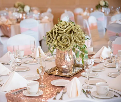 Vista 4 de 30 rosas doradas con purpurina, rosas artificiales de espuma dorada de 2.56 pulgadas con tallos para centros de mesa de despedida de soltera, ramo