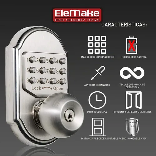 Vista 5 de Cerradura de puerta de entrada sin llave, cerrojo de acero inoxidable 304, combinación digital mecánica, doble seguridad (código de paso o llaves)