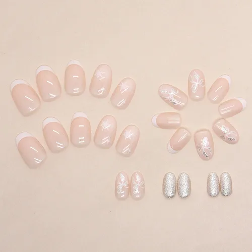 Vista 5 de 24 uñas postizas blancas francesas a presión cuadradas cortas – Uñas postizas de Navidad a presión, arco de copo de nieve, puntas de uñas postizas