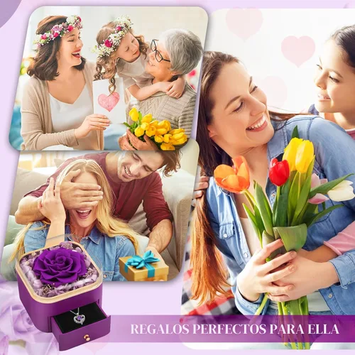 Vista 6 de Beferr Regalos de cumpleaños para mujeres, rosa real preservada con collar, rosas moradas eternas, flores para la entrega, aniversario, día de la A