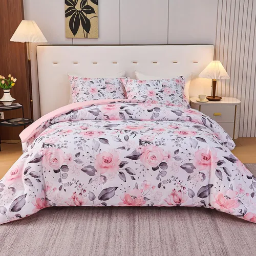 Vista 34 de Koniroom 6-Piece Pink Comforter Set Twin Size - Reversible Beige White Flower Bed in a Bag with Sheets, Pillowcases, Shams, and Decorative Pillow