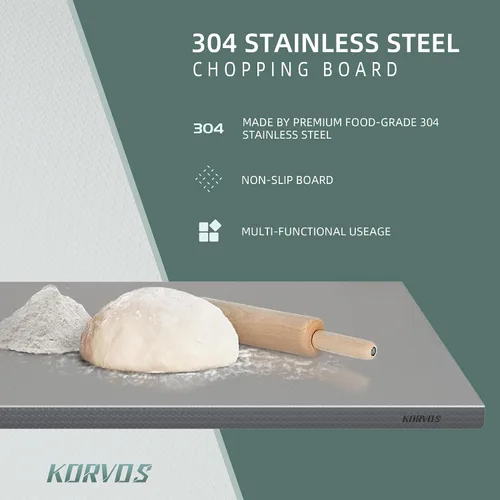 Vista 3 de KORVOS Tabla de Cortar de Acero Inoxidable 304, Tamaño Grande 23.62"x19.68" Tablas de Cortar de Servicio Pesado, Tabla de Cortar de Bajo Ruido