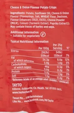 Vista 2 de Tayto Patatas fritas con sabor a queso y cebolla de Irlanda (paquetes de 24x25g)