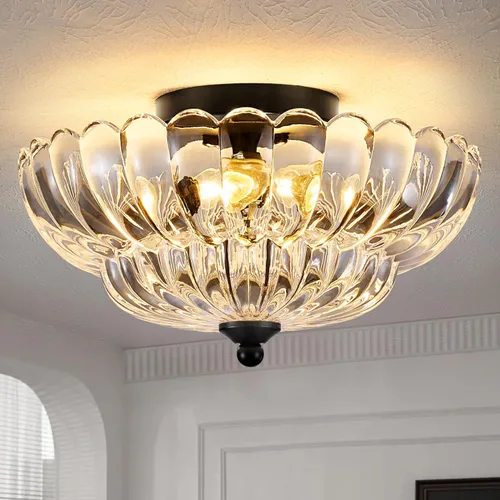 Vista 9 de Lámpara de techo semiempotrada, accesorio de lámpara de techo de vidrio ámbar, lámpara moderna negra de 3 bombillas cerca del techo, luces de techo