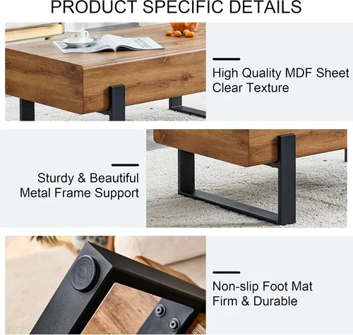 Vista 4 de Mesa auxiliar rectangular de 47 pulgadas minimalista con patas de metal, mesa de centro grande para sala de estar y oficina, muebles rectangulares