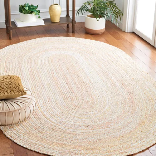Vista 23 de SAFAVIEH Alfombra trenzada de la colección – Alfombra redonda de 3 pies, color beige con detalles rosados, algodón hecho a mano, estilo cabaña