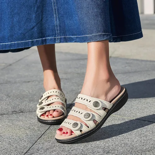 Vista 7 de Sandalias de cuero cómodas para mujer, ligeras, planas, bonitas, sin cordones, informales, para caminar Beige