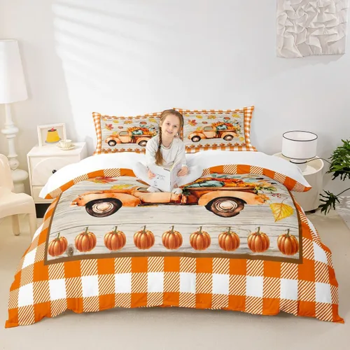 Vista 8 de Fall Harvest Kids Duvet Cover Set Twin Size,Cartoon Truck Pumpkin Sunflower Bedding Set,Boys Girls Bedroom Decor,Wooden Plank Maple Comforter