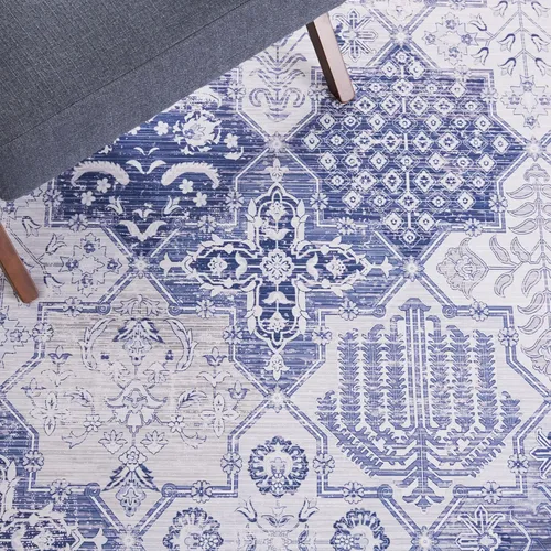 Vista 7 de SAFAVIEH Tucson Collection - Alfombra lavable de 2 pies 6 pulgadas x 8 pies, gris y azul marino, antideslizante, ideal para zonas de alto tráfico