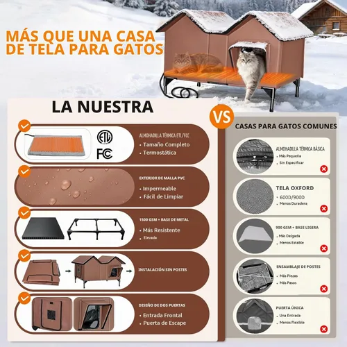 Vista 7 de Casa para gatos extra grande con calefacción para gatos exteriores, refugio de invierno aislado a la intemperie con almohadilla térmica termostática