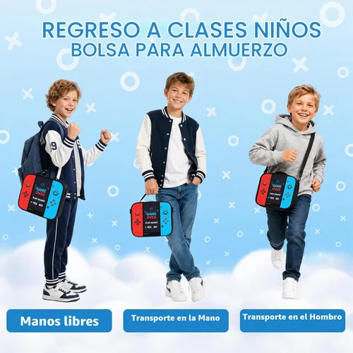 Vista 6 de Lonchera aislada para consola de juegos, para adolescentes, niños, niñas, niños, reutilizable, de gran capacidad, con etiqueta de nombre, correa