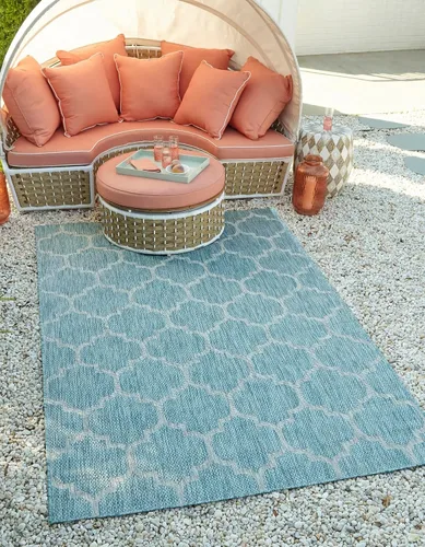 Vista 64 de Unique Loom Outdoor Trellis Collection Alfombra de Área (5' 1" x 8' Oval, Aguamarina/Gris)