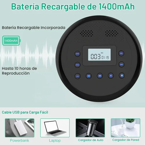 Vista 5 de MONODEAL Reproductor de CD portátil recargable Negro