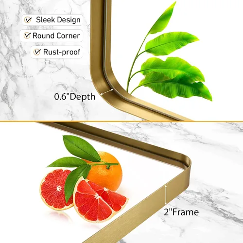 Vista 4 de Espejo de baño dorado de 24 x 36 pulgadas, espejo rectangular con marco de metal cepillado con esquina redondeada, espejo de tocador de baño dorado