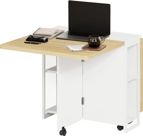 Vista 10 de IDEALHOUSE Mesa Plegable, Mesa de Comedor de Hoja Abatible con 6 Ruedas y Estante de Almacenamiento de 2 Niveles, Mesa de Ahorro de Espacio