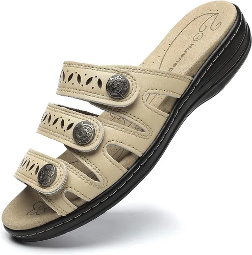Vista 14 de Sandalias de cuero cómodas para mujer, ligeras, planas, bonitas, sin cordones, informales, para caminar Beige