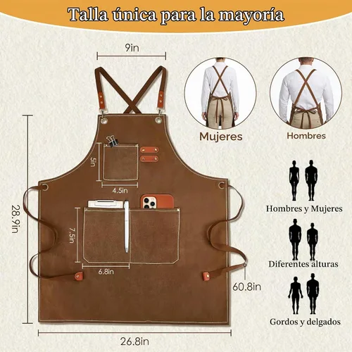 Vista 2 de APRONPANDA Cross-Back Chef Aprons for Men and Women, Water Repellent Cotton Canvas Adjustable Work Apron with Pockets Marrón