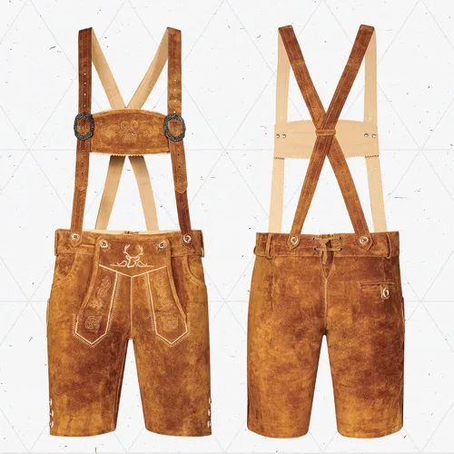 Vista 5 de BAVARIA TRACHTEN Lederhosen - Ropa alemana auténtica de cuero genuino para hombre traje del Oktoberfest color marrón claro corto