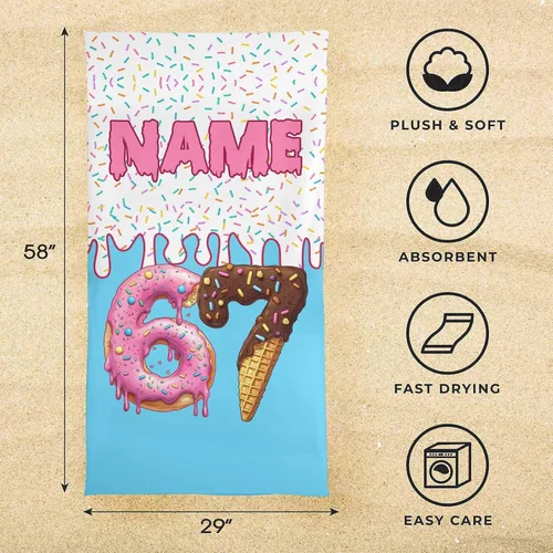 Vista 6 de Toalla de playa de béisbol personalizada con nombre, divertidas toallas de playa personalizadas de 67 memes para niños, toallas número seis siete