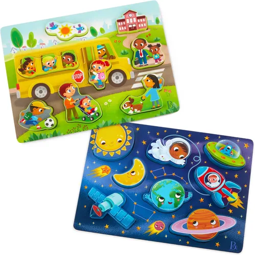 Vista 12 de B. toys Peek & Explore Wooden Chunky Puzzles, Farm Sea Dinos 3-Pack, 3 Pack