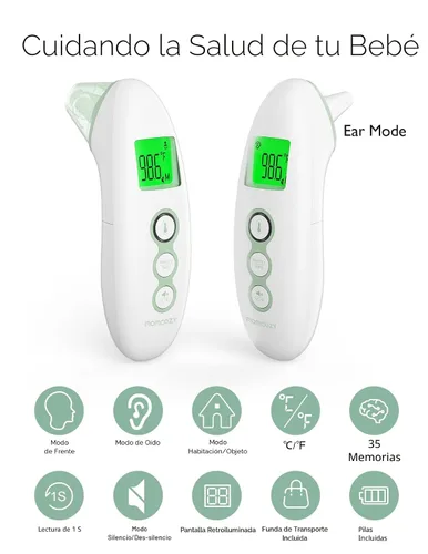 Vista 5 de Momcozy Termómetro de frente y oído sin contacto, termómetro digital infrarrojo para adultos y niños, con modo para niños, función de alarma