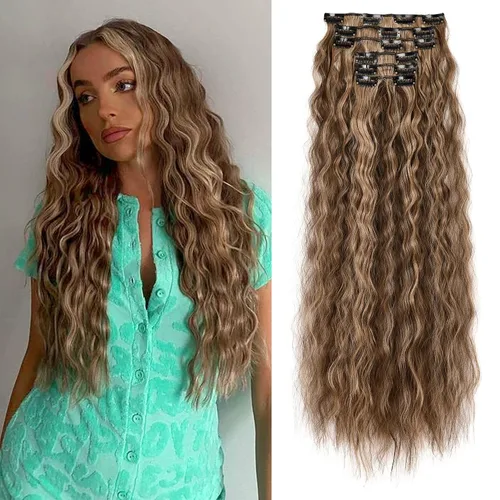 Vista 17 de Flufymooz - Extensiones de cabello con clip, 6 unidades, extensiones de cabello largas con ondas de sirena, sintético, postizo para mujer, 24 Marrón