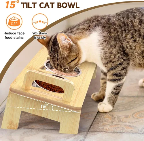 Vista 10 de Tazón Elevado de Comida para Gatos, 3 Cuencos Elevados de Acero Inoxidable para Gatos con Soporte, Cuenco Inclinado 15° para Perros Pequeños