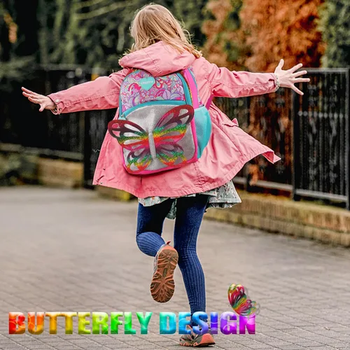 Vista 5 de Mochila con lentejuelas y alas de mariposa con bolsa de almuerzo para niñas, niños y adolescentes, juego de mochila escolar para preescolar, Rosado