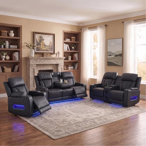 Vista 36 de Sofá reclinable con luces LED, sofá reclinable de cuero con dos asientos reclinables/puerto USB/consola de almacenamiento/soporte para vasos