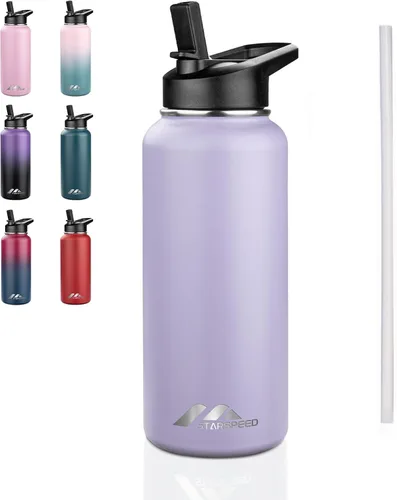 Vista 19 de StarSpeed Botella de agua aislada de 32 onzas con tapa con pajilla, botella de agua al vacío de doble pared de acero inoxidable, botella de agua
