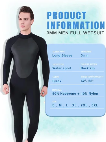 Vista 4 de Traje de neopreno completo para hombre y mujer, 0.118 in, buceo, natación, trajes húmedos térmicos, cremallera delantera/trasera, traje de baño