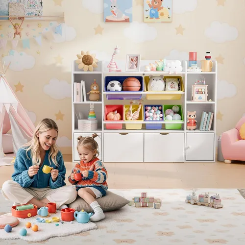 Vista 7 de Xilingol Organizador de Almacenamiento de Juguetes para Niños con 6 Cajones Desmontables, Organizador de Juguetes de 4 Niveles con 6 Compartimentos