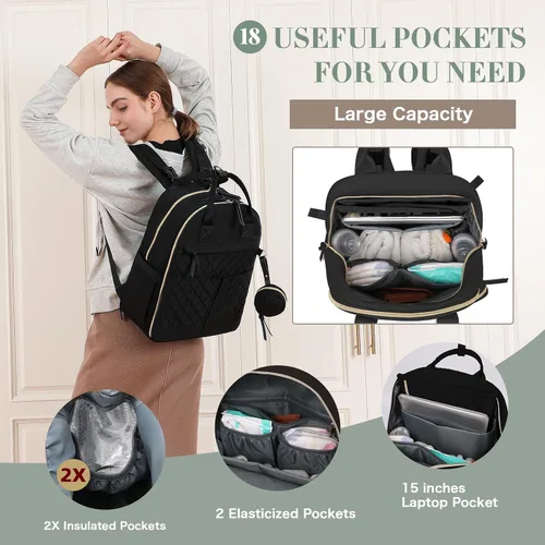 Vista 5 de Mochila para pañales con cambiador, bolsas de maternidad grandes para recién nacidos, 18 bolsillos, bolsillos aislados, correas para cochecito, Negro
