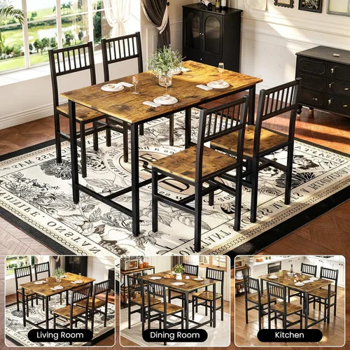 Vista 9 de AWQM Juego de mesa de comedor para 4, mesa industrial con juego de sillas, marrón rústico